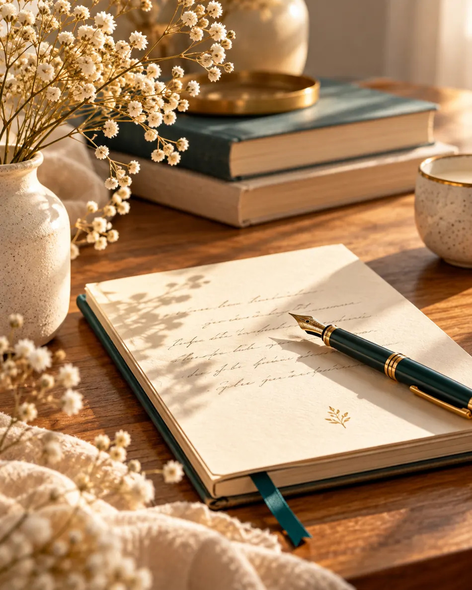 Carnet ouvert et stylo plume sur une table en bois, accompagnés de fleurs blanches et de livres.