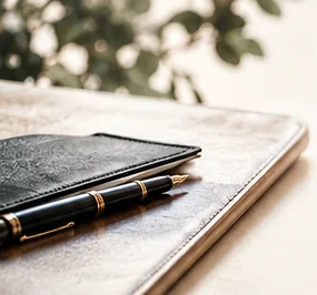Carnet et plume évoquant l’écriture d’un portrait professionnel